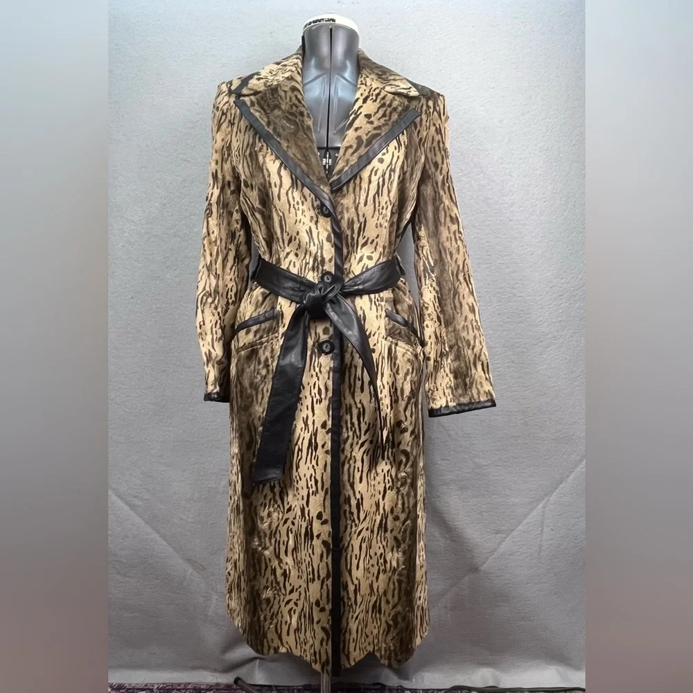 DESIGNER JAVIER SIMORRA BARCELONA COAT BUTTON UP Cheetah Print WAIST BELT SIZE 8 - Picture 1 of 10